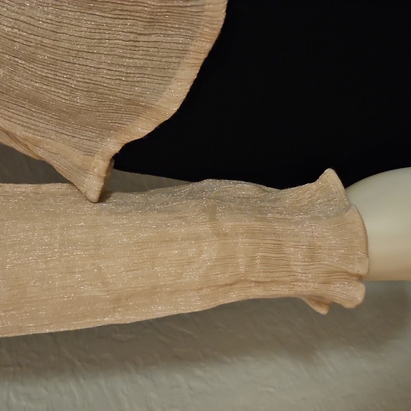 BLU PEPPER Gold Metallic Cream Smocked Peplum Long Sleeve Criss Cross Top - Picture 6 of 10